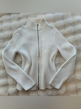 Ann Taylor Women’s Cream Ribbed Zip-Front Sweater 100% Cotton Size Medium
